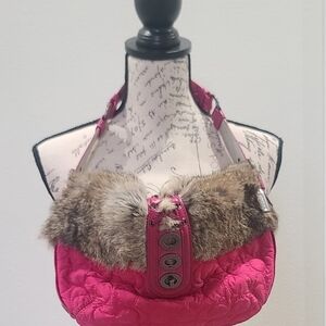 Coach Pink Quilted Shoulder Hobo with Faux Fur Trim